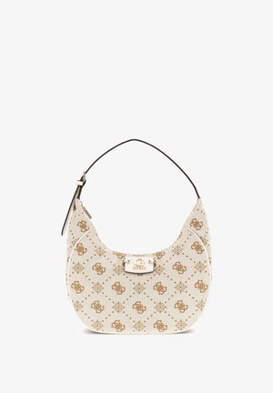 Hobo kézitáska mintás krémszínű anyagból, arany kiegészítőkkel, fekete pánttal és ezüst logótáblával. Kerek forma, varrott szélekkel.