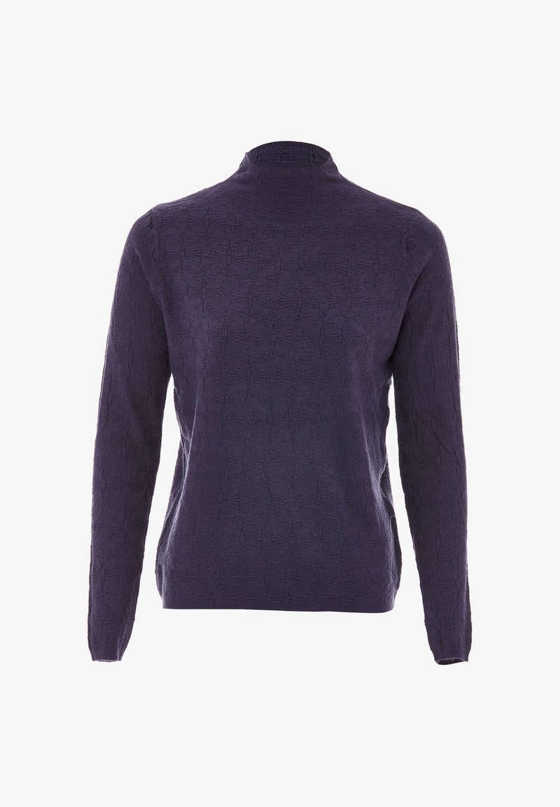 Mörklila polotröja med en texturerad stickad mönster, långa ärmar och en åtsittande design. Mjuk tyg med ribbad halsringning och manschetter.