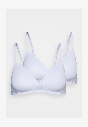 Weiße Triangel-BHs aus glattem Stoff mit dünnen Trägern und einem kleinen dekorativen Knoten in der Mitte. Zwei Teile enthalten.