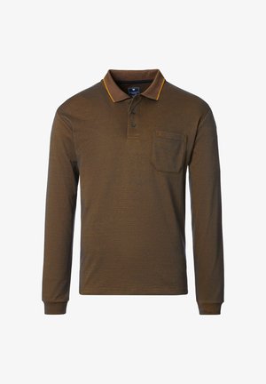 Langærmet polo-shirt i brunt stof med et struktureret design, kontrastfarvet gul krave, tre-knaps placket og en brystlomme.