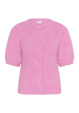 Cardigan rose court à manches courtes, col rond et fermeture par boutons. Fabriqué en matériau texturé avec une apparence douce et duveteuse.