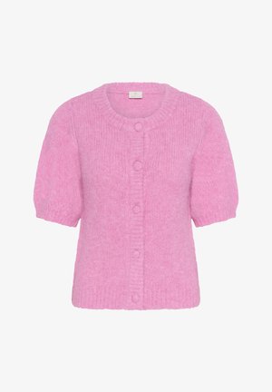 Rózsaszín, rövid ujjú kardigán, kerek nyakkivágással és gombos záródással. Texturált anyagból készült, puha és bolyhos megjelenéssel.