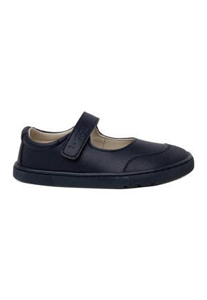 Chaussure Mary Jane en cuir noir avec bride en Velcro, doublure intérieure beige et semelle en caoutchouc, conçue pour enfants.