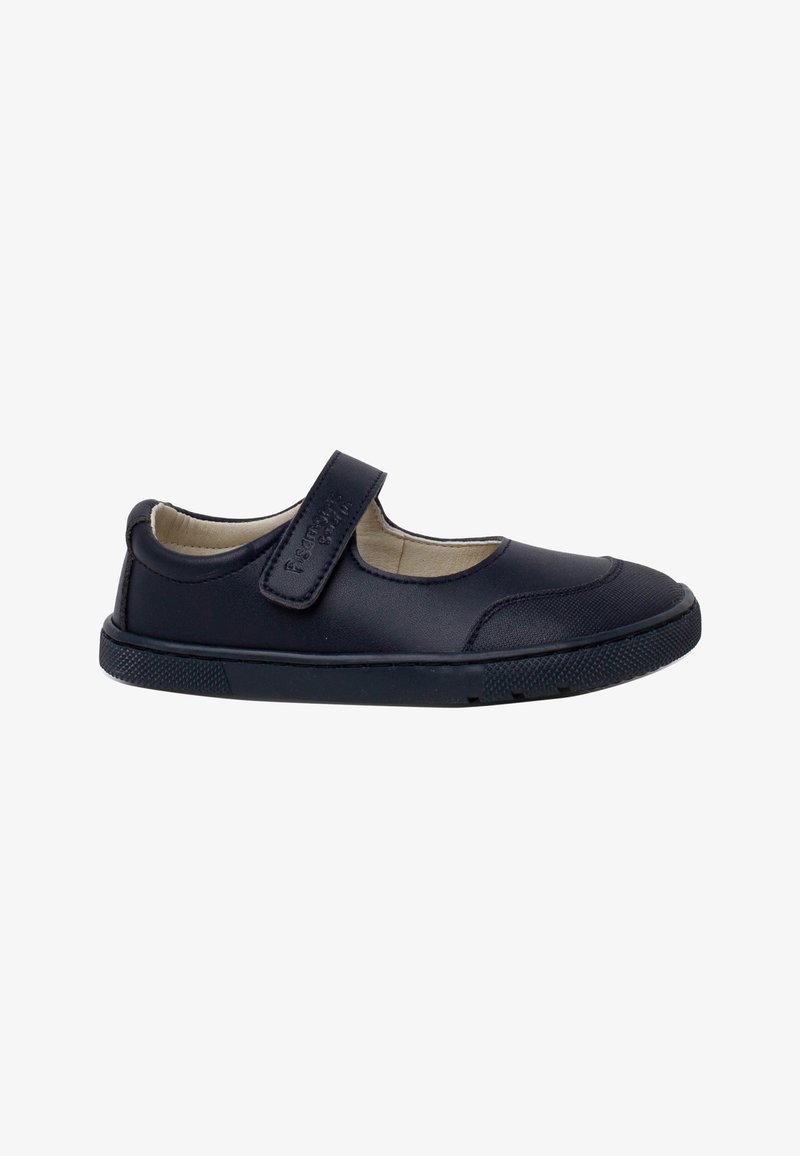 Chaussure Mary Jane en cuir noir avec bride en Velcro, doublure intérieure beige et semelle en caoutchouc, conçue pour enfants.