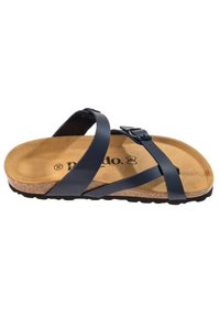 Navy blue sandal with cross straps, cork footbed, and rubber sole. Features a metal buckle and logo printed on the insole.