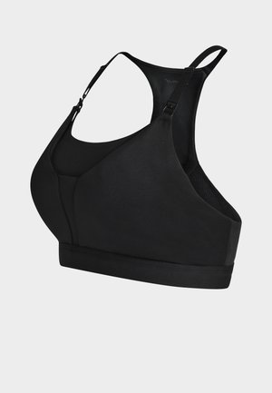 Zwarte sportbeha met racerback-ontwerp, verstelbare schouderbanden en brede onderborstband, getoond tegen een eenvoudige lichte achtergrond.