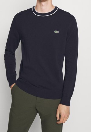 Homme portant un pull noir à manches longues avec une bordure blanche au col et un petit logo crocodile vert sur la poitrine.
