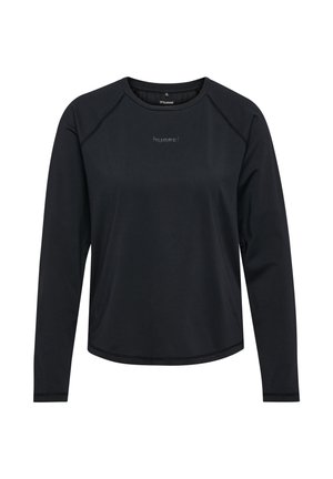 Czarna sportowa koszulka z długim rękawem, okrągłym dekoltem i subtelnym logo „hummel” na środku klatki piersiowej, wykonana z lekkiego materiału funkcyjnego.