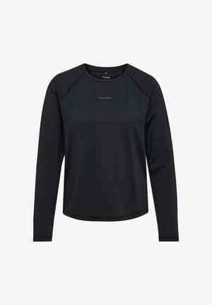 Zwart sportshirt met lange mouwen en ronde hals, met subtiel 'hummel'-logo in het midden van de borst, gemaakt van lichtgewicht functionele stof.