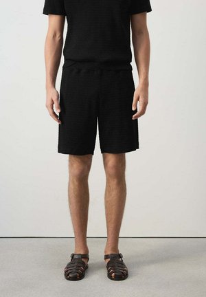 Hombre que lleva pantalones cortos de punto negros, una camisa negra de manga corta y sandalias marrón oscuro con dedos cerrados, de pie frente a un fondo liso.