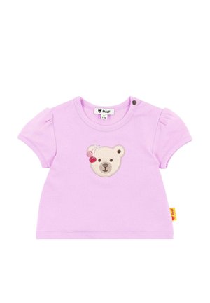 Lilac short-sleeve t-shirt, featuring a bear face appliqué with cherries. Includes a round neck and snap closure at the shoulder.