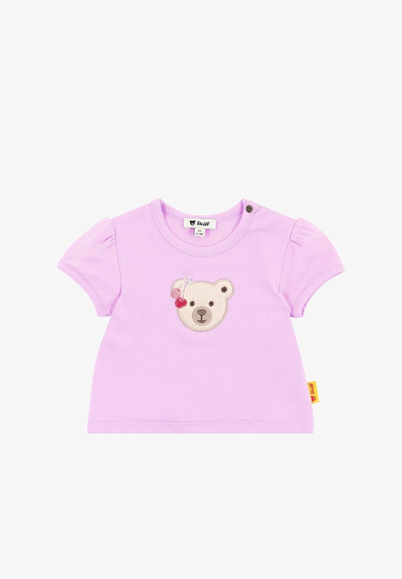 T-shirt lilas à manches courtes, avec un appliqué visage d'ours et des cerises. Comprend un col rond et une fermeture à pression à l'épaule.