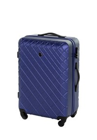 Hard-shell suitcase in dark blue with a diamond quilted pattern, black zippers, and a retractable handle. Rolling wheels for mobility.