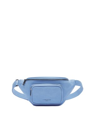 Marsupio in pelle blu chiaro con un vano principale con zip e una tasca frontale. Caratterizzato da una finitura testurizzata e una tracolla regolabile.