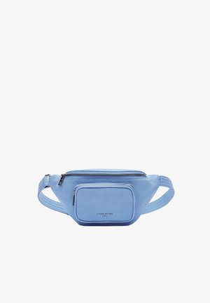 Marsupio in pelle blu chiaro con un vano principale con zip e una tasca frontale. Caratterizzato da una finitura testurizzata e una tracolla regolabile.