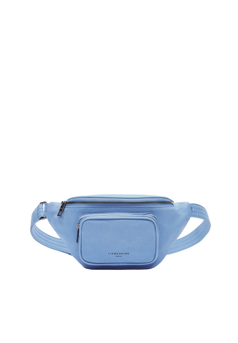 Hellblaues Leder-Gürteltasche mit einem Hauptfach mit Reißverschluss und einer Vorderentasche. Mit strukturiertem Finish und verstellbarem Schultergurt.