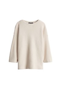 Maglione in maglia a costine color crema con maniche larghe e scollo rotondo su sfondo bianco.