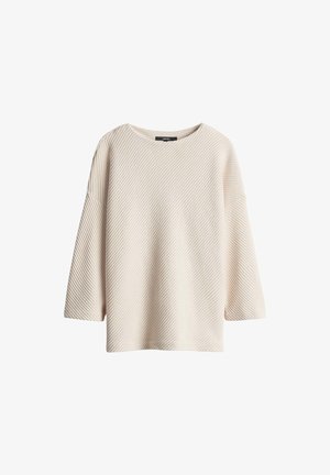 Cremefarbener gerippter Strickpullover mit weiten Ärmeln und rundem Ausschnitt vor weißem Hintergrund.