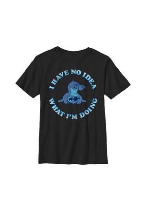 Zwart T-shirt met blauwe cartoon luiaard en tekst "I have no idea what I'm doing" in cirkelvormig design.
