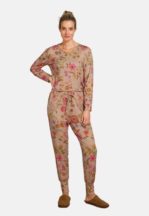 Blumen-Pyjama-Set in Hellbraun mit langen Ärmeln und Hosen. Besitzt farbenfrohe gestickte Muster und einen Kordelzugbund. Weicher Stoff.