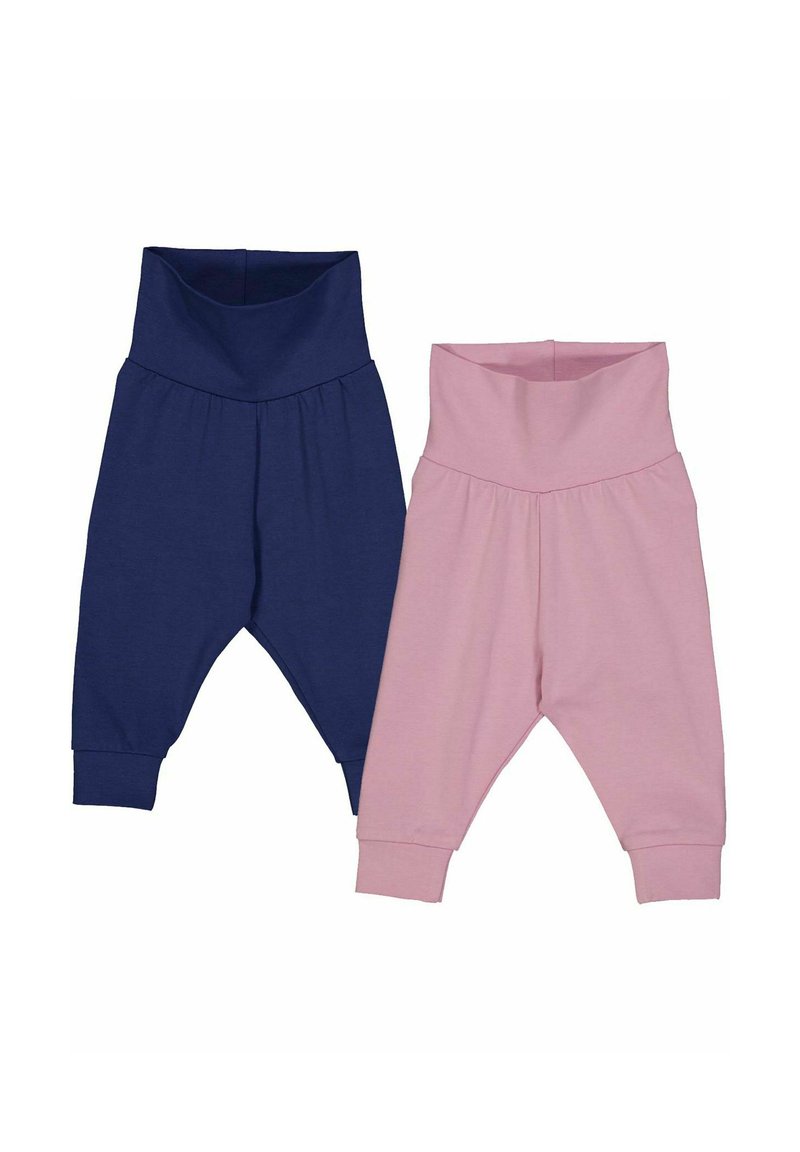 Ensemble de pantalons joggers en coton bleu marine et rose. Comprend une taille large et des poignets resserrés. Texture douce avec un design simple.