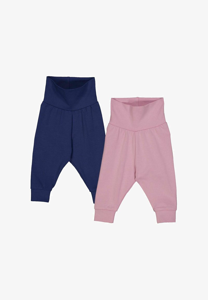 Ensemble de pantalons joggers en coton bleu marine et rose. Comprend une taille large et des poignets resserrés. Texture douce avec un design simple.