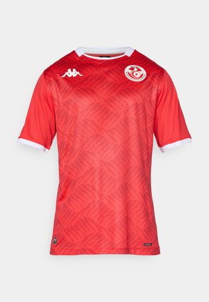 Red soccer jersey with a textured pattern, white collar, and Kappa logo on the chest. Features a small logo at the hem.