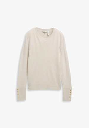 Svijetlo bež pulover dugih rukava s okruglim izrezom, rebrastim rubom i dugmadima na manžetama. Izrađen od mekanog, teksturiranog pletenog materijala.