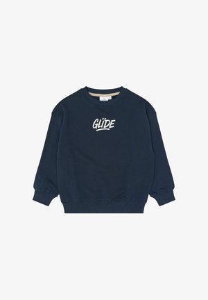 Sweat-shirt bleu marine à col rond avec manches longues et « GLÜDE » imprimé en blanc, centré sur la poitrine.