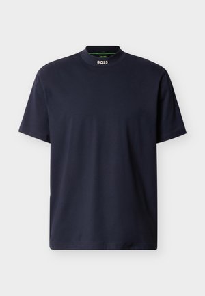 T-shirt bleu marine en coton, avec un col montant et des manches courtes. Logo BOSS situé au niveau du cou. Texture lisse, design minimaliste.