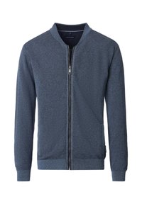 Dunkelblaue Strickjacke mit Reißverschluss und strukturiertem Muster, einschließlich gerippter Bündchen und Saum, mit Stehkragen.