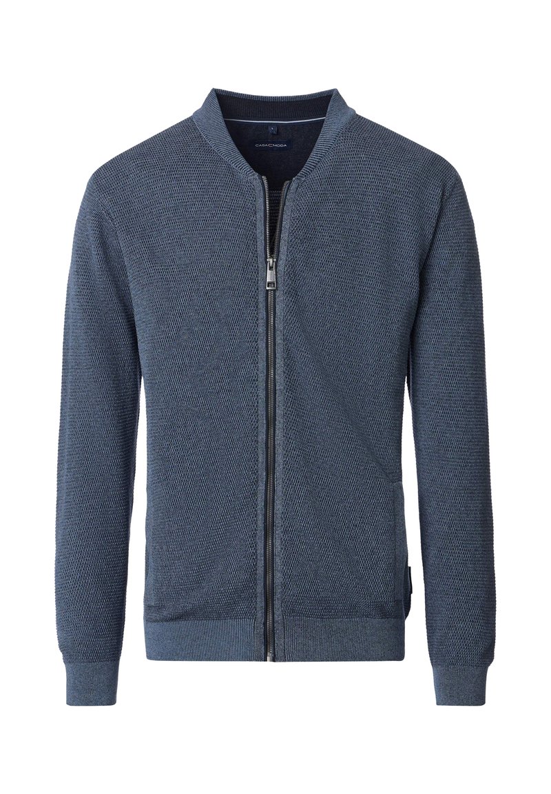 Dunkelblaue Strickjacke mit Reißverschluss und strukturiertem Muster, einschließlich gerippter Bündchen und Saum, mit Stehkragen.