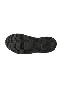 Suola di scarpa in gomma nera con una superficie texturizzata caratterizzata da scanalature ondulate e un logo impressa. Il design è piatto e presenta una punta arrotondata.