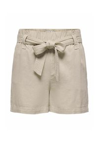 Beżowe szorty z wysokim stanem, na elastycznej talii, z materiałowym paskiem zawiązanym na kokardę z przodu, z bocznymi kieszeniami i luźnym krojem.