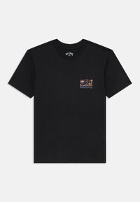 Black short-sleeve t-shirt with small colorful Billabong logo featuring sun, wave, and palm tree on the left chest.
