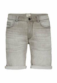 Graue Denim-Shorts mit umgeschlagenen Säumen, ausgestattet mit Vordertaschen, einem Knopfverschluss und dezentem Farbverlauf. Glatte Textur und lässiges Design.