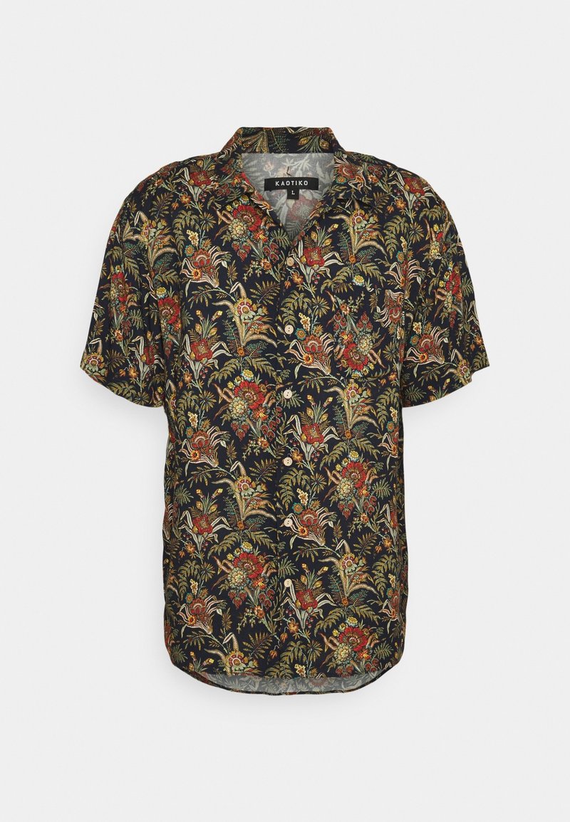 Short-sleeve button-up shirt in dark navy with a floral pattern in red, green, and gold. Features a classic collar and relaxed fit.