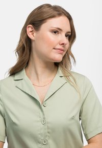 Jasnozielona koszula z krótkim rękawem i kołnierzykiem, z zapięciem na guziki z przodu i gładką fakturą, noszona z delikatnym złotym naszyjnikiem.