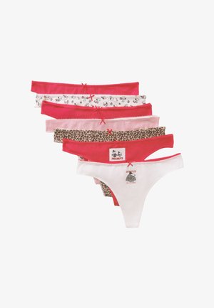 Set van zeven slipjes in diverse patronen: rood, wit en luipaardprint; met kantafwerking en grafische accenten; van een katoenmix.