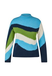 Langärmliger Strickpullover mit hohem Kragen, der gewellte Streifen in Blau, Marineblau, Grün und Weiß auf einem weißen Hintergrund zeigt.