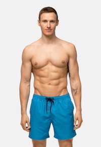 Blauwe zwemshorts van gladde, lichte stof, met een elastische tailleband en een trekkoord voor aanpassing.