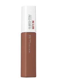Rouge à lèvres liquide avec une finition mate. Le tube a une base rectangulaire marron et un capuchon blanc brillant. Le texte indique "Super Stay Matte Ink" et "Maybelline."