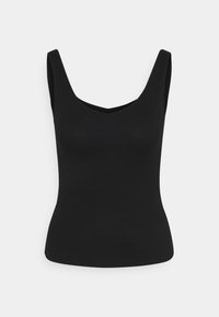 Débardeur noir à côtes avec un décolleté en V et des bretelles larges, présentant une silhouette ajustée et une texture douce. Matériau lisse et extensible.