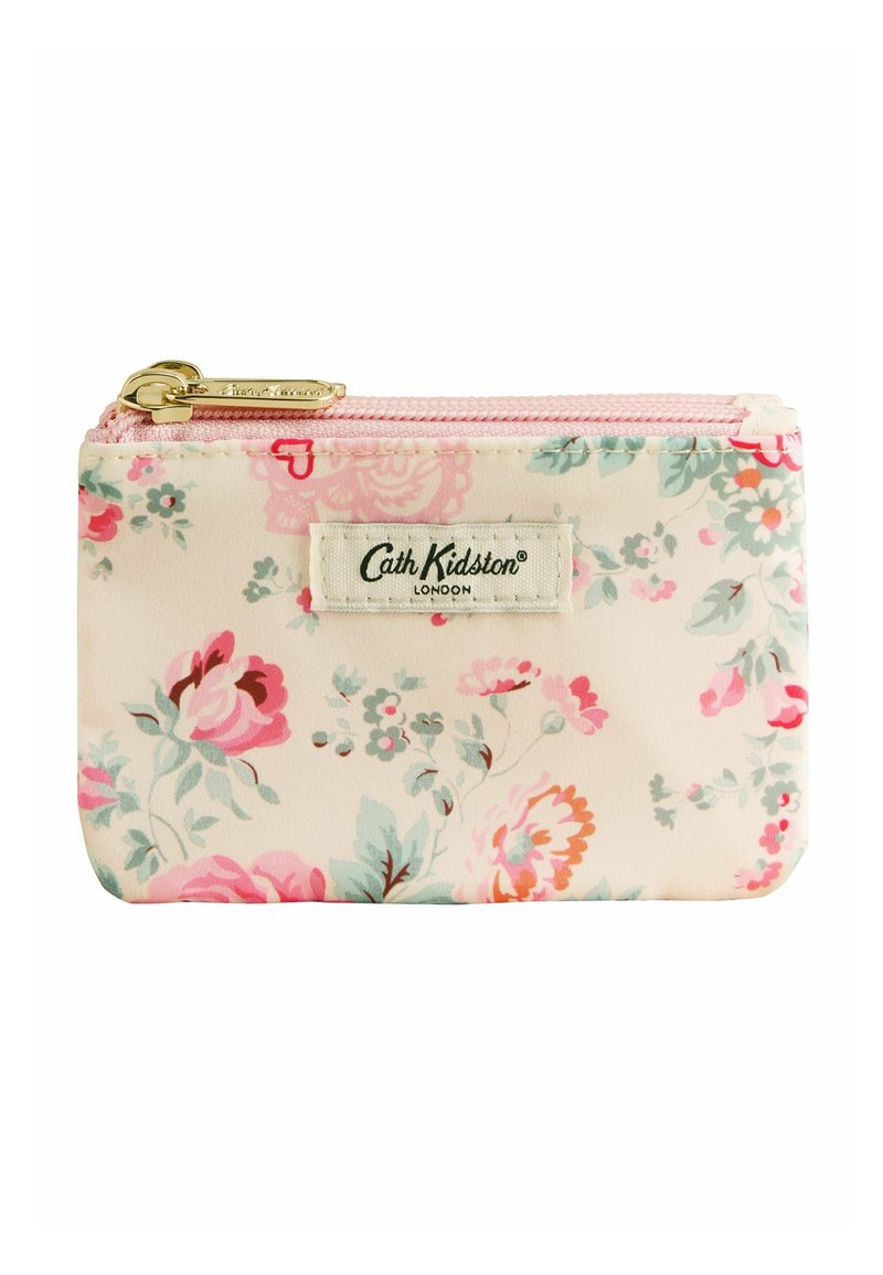 Kis téglalap alakú virágos anyagtáska rózsaszín cipzárral és Cath Kidston London címkével az elején.