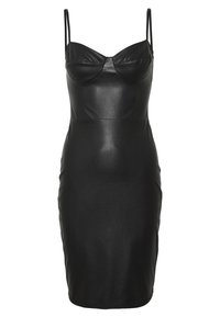 Černé kožené šaty s přiléhavým střihem, nastavitelnými tenkými ramínky a výstřihem do srdíčka, s hladkou texturou a minimalistickým designem.
