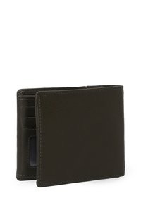 Dunkelgrünes Lederwallet mit einer glatten Textur, das mehrere Kartenfächer und ein transparentes ID-Fach auf der linken Seite bietet.