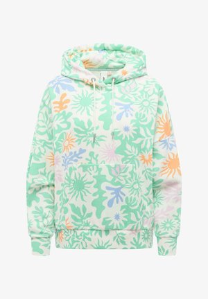 Bluza z kapturem z abstrakcyjnymi wzorami kwiatowymi i promieniami słońca w zielonym, pomarańczowym, niebieskim i różowym kolorze, wyposażona w przednią kieszeń typu kangur i kaptur ze ściągaczem.