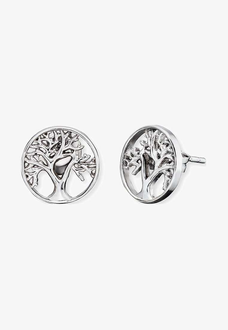 Orecchini a perno in argento a forma di albero della vita con design circolare, caratterizzati da dettagli intricati di rami e foglie. Finitura liscia e lucida.