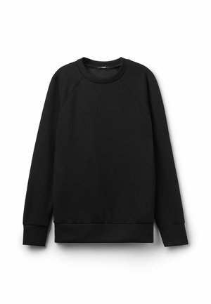 Sudadera negra de manga larga con cuello redondo, puños y dobladillo acanalados, mostrada sobre un fondo blanco.