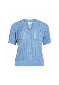 Suéter de punto de manga corta en azul claro con escote en V, patrones intrincados y ribete acanalado. Fabricado con un hilo transpirable y texturizado.